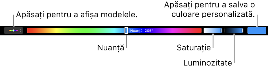 Touch Bar afișând glisoarele de nuanță, saturație și luminozitate pentru modelul HSB. La capătul din stânga se află butonul pentru afișarea tuturor profilurilor; în dreapta, butonul pentru salvarea unei culori personalizate.