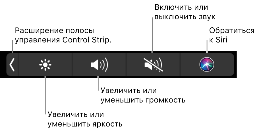 На свернутой полосе управления Control Strip есть следующие кнопки (слева направо): раскрытие Control Strip, увеличение и уменьшение яркости и громкости, включение и отключение звука, обращение к Siri.