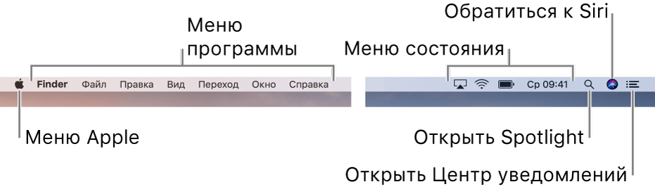 Строка меню. В левой части находится меню Apple и меню программ. Справа находятся меню статуса, а также значки Spotlight, Siri и Центра уведомлений.