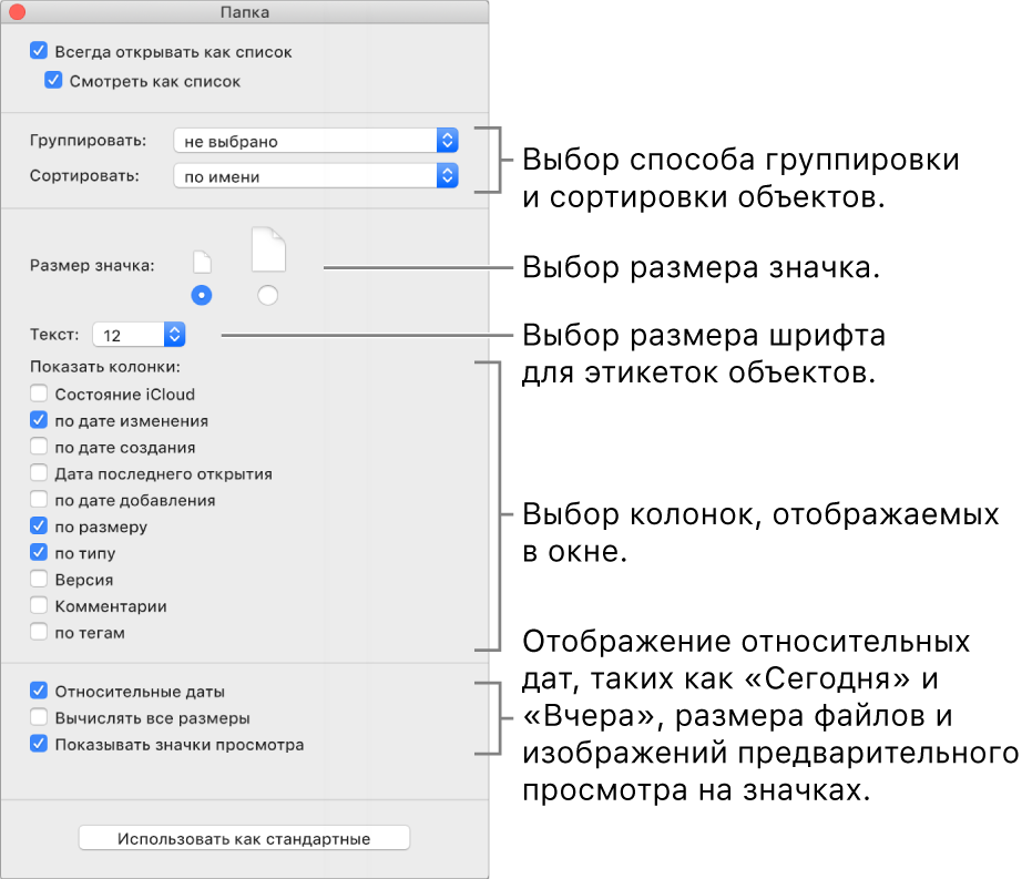 Параметры вида списка. Вы можете выбрать способ группировки и сортировки объектов, задать размер значков, выбрать размер шрифта для этикеток, выбрать отображаемые столбцы и показать относительные даты, например «Сегодня» или «Вчера», размер файлов и изображения предварительного просмотра в значках.