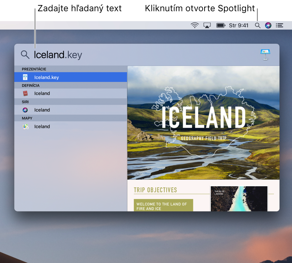 Menu Spotlightu zobrazujúce príklad vyhľadávania s výsledkami vyhľadávania.