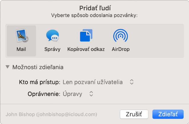 Okno Pridať ľudí zobrazujúce aplikácie, ktoré môžete použiť na odoslanie pozvánok, a možnosti zdieľania dokumentov.