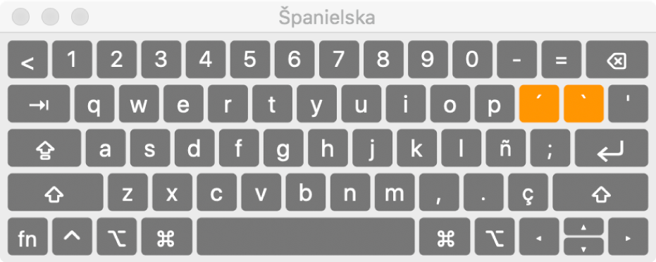 Prehliadač klávesnice so španielskym rozložením klávesov.