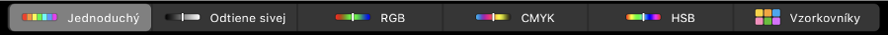 Touch Bar zobrazujúci farebné modely (zľava doprava) – Jednoduchý, Odtiene sivej, RGB, CMYK a HSB. Vpravo sa nachádza tlačidlo Vzorkovníky.