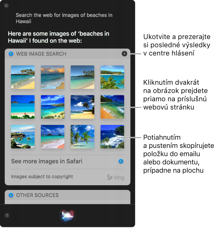Okno Siri zobrazujúce výsledky Siri pre požiadavku „Search the web for images of beaches in Hawaii” (Vyhľadaj na webe obrázky pláží na Havaji). Výsledky môžete pripnúť do Centra hlásení, dvojitým kliknutím na obrázok otvoríte webovú stránku, ktorá daný obrázok obsahuje, alebo potiahnite obrázok do emailu, dokumentu či na plochu.