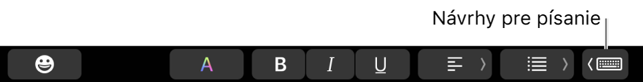 Tlačidlo Návrhy pre písanie v pravej polovici Touch Baru.