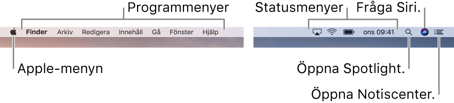 Menyraden. Till vänster finns Apple-menyn och programmenyer. Till höger finns statusmenyer och symbolerna för Spotlight, Siri och Notiscenter.
