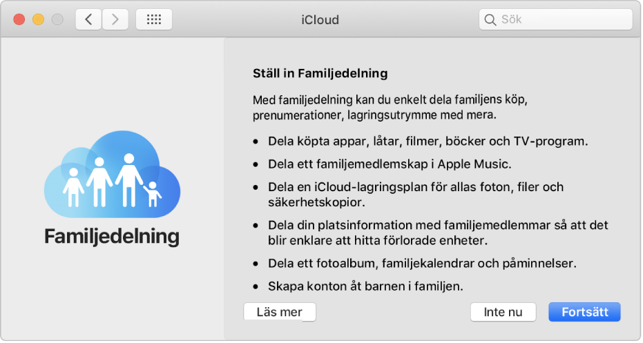 Inställningspanelen för Familjedelning i iCloud-inställningar.
