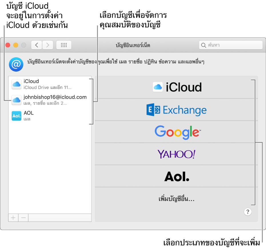 การตั้งค่าบัญชีอินเทอร์เน็ตโดยมีบัญชีต่างๆ อยู่ในรายการด้านขวา และมีประเภทบัญชีที่ใช้งานได้อยู่ในรายการด้านซ้าย
