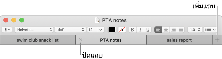 หน้าต่างแอพ TextEdit จะมีสามแถบในเมนูแถบ อยู่ที่ด้านล่างของแถบจัดรูปแบบ แถบหนึ่งอันแสดงปุ่มปิด ปุ่มเพิ่มอยู่ที่ด้านขวาสุดของรายการแถบ