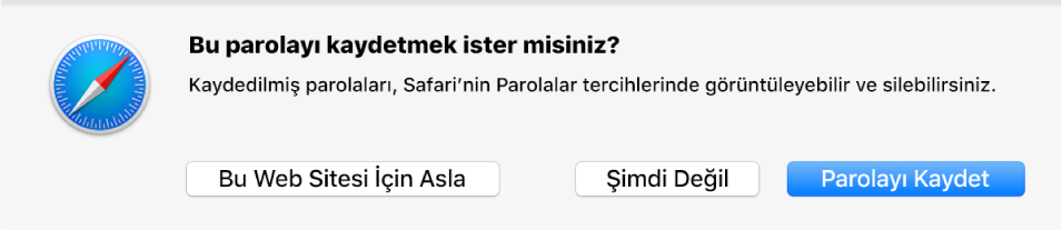 Bir web sitesi için parolayı kaydetmek isteyip istemediğinizi soran bir sorgu kutusu.