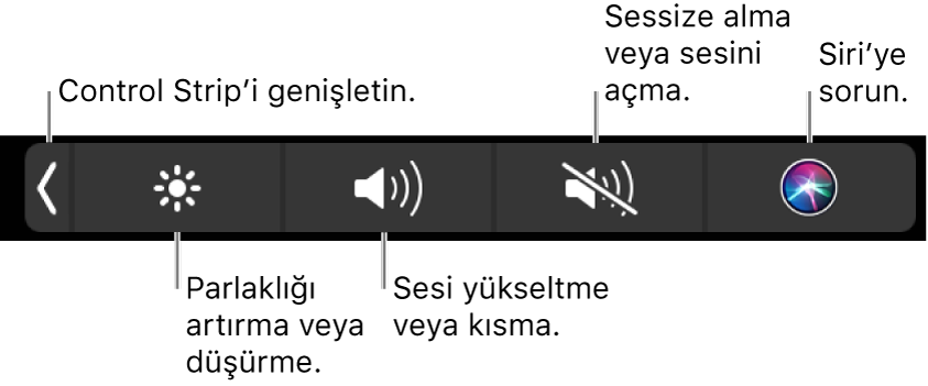 Daraltılmış Control Strip soldan sağa Control Strip’i genişletme, ekran parlaklığını ve ses yüksekliğini artırma veya azaltma, sesi kapatma veya açma ve Siri’ye soru sorma düğmelerini içeriyor.