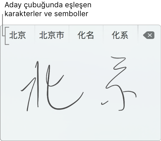 İzleme dörtgeninde el yazısıyla Basitleştirilmiş Çince’de Pekin yazıldıktan sonra. İzleme dörtgeninde çizgi çizdikçe olası eşleşen karakterler ve semboller aday çubuğunda (İzleme Dörtgeni El Yazısı penceresinin en üstünde) gösterilir. Seçmek için adaylardan birine dokunun.