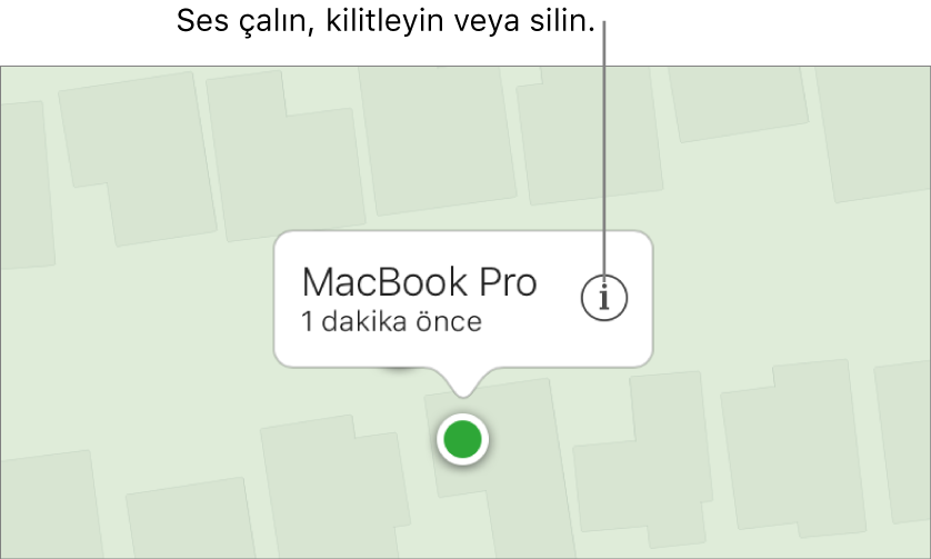 iCloud.com’daki iPhone’umu Bul üzerinde Mac’in konumunu gösteren harita.