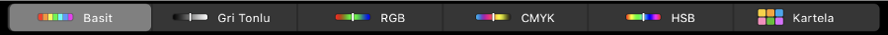 Soldan sağa Basit, Gri Tonlu, RGB, CMYK ve HSB renk modellerini gösteren Touch Bar. Sağ uçtaki Kartela düğmesidir.