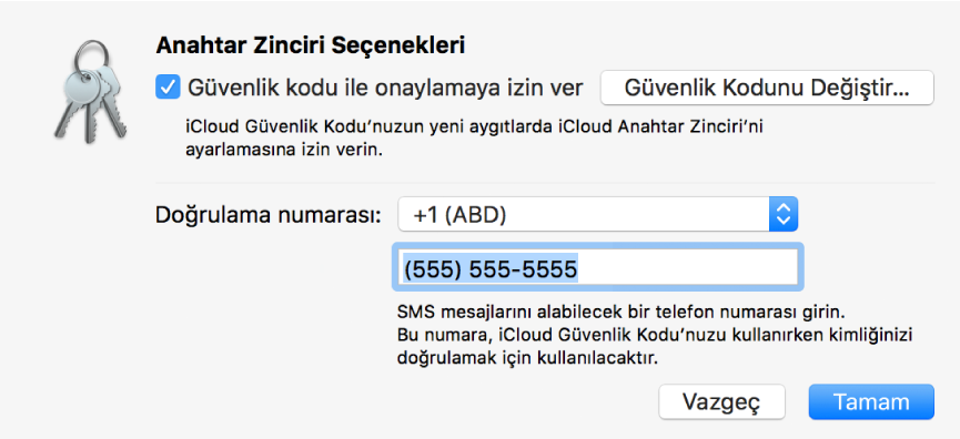 Güvenlik koduyla onaylamaya izin verme seçeneği seçili olmak üzere güvenlik kodunu değiştirme düğmesini ve doğrulama numarasını değiştirme alanlarını gösteren iCloud Anahtar Zinciri Seçenekleri sorgu kutusu.