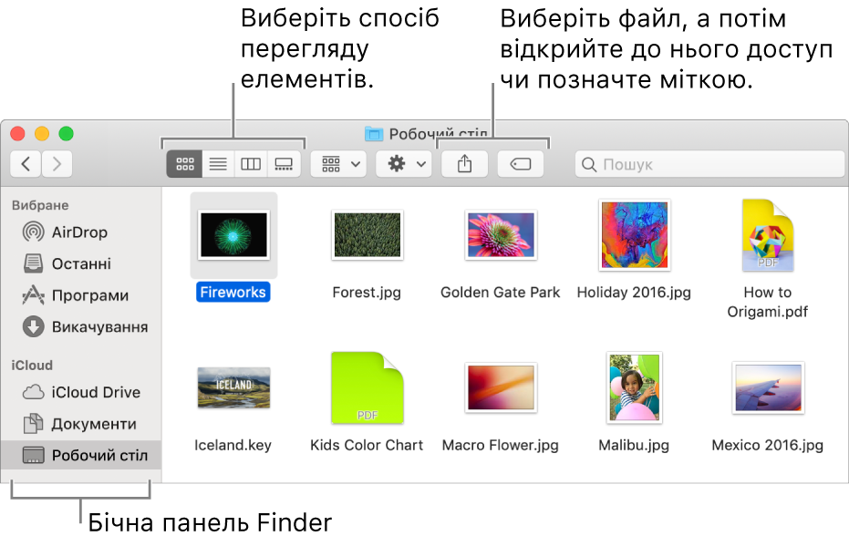 Вікно Finder з бічною панеллю Finder ліворуч. У верхньому лівому кутку вікна розміщені чотири кнопки, за допомогою яких можна змінювати спосіб перегляду елементів у вікні Finder. Справа розміщені дві кнопки, які дозволяють надсилати і позначати мітками вибрані файли.