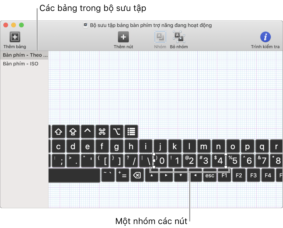 Một phần của cửa sổ bộ sưu tập bảng hiển thị danh sách các bảng bàn phím ở bên trái và, ở bên phải, các nút và nhóm có trong bảng.