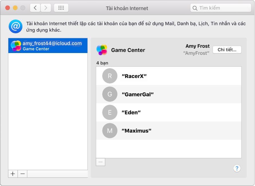 Tài khoản Game Center trong Tài khoản Internet.