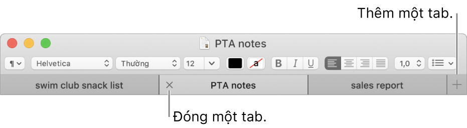 Cửa sổ TextEdit có ba tab trong thanh tab, nằm bên dưới thanh định dạng. Một tab hiển thị nút Đóng. Nút Thêm nằm ở đầu bên phải của thanh tab.