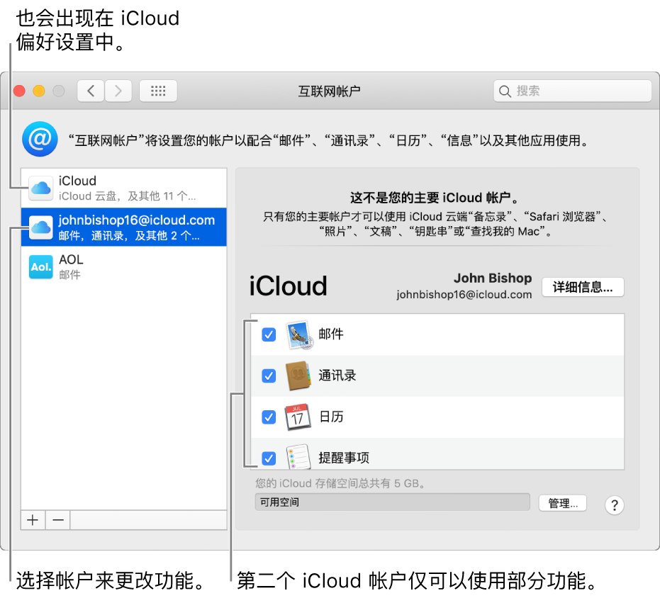 显示两个 iCloud 帐户的“互联网帐户”偏好设置。左侧列表中被选中的第二个帐户,显示它只有部分功能可用。