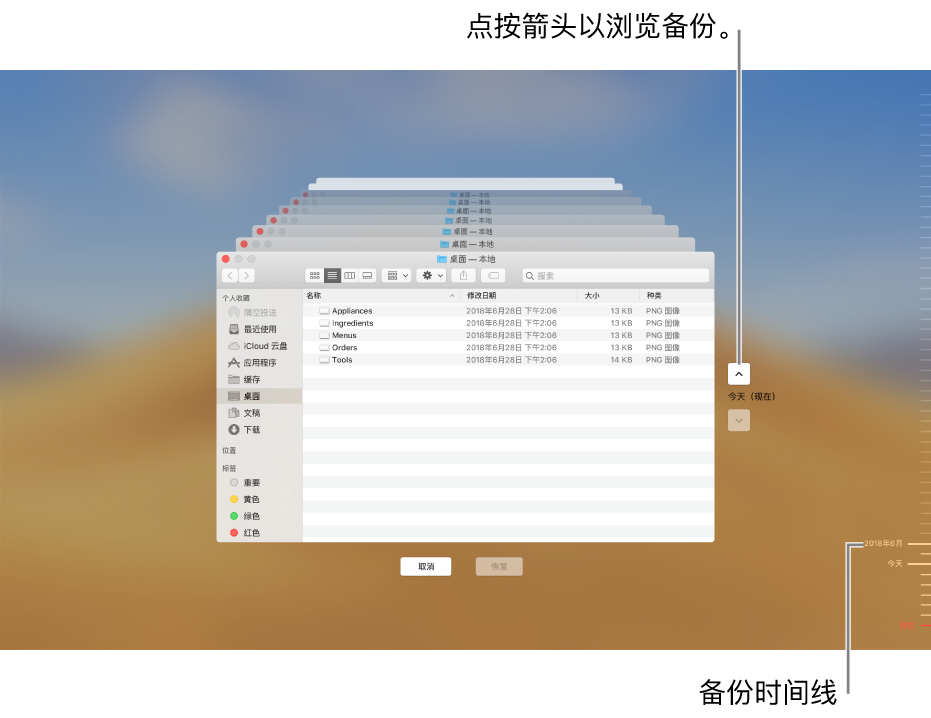 打开时间机器时，您将看到一个模糊的屏幕中有多个堆叠的“访达”屏幕，表示备份。点按箭头以在备份中导航（或者在右侧的备份时间线中点按），然后选取要恢复的文件。
