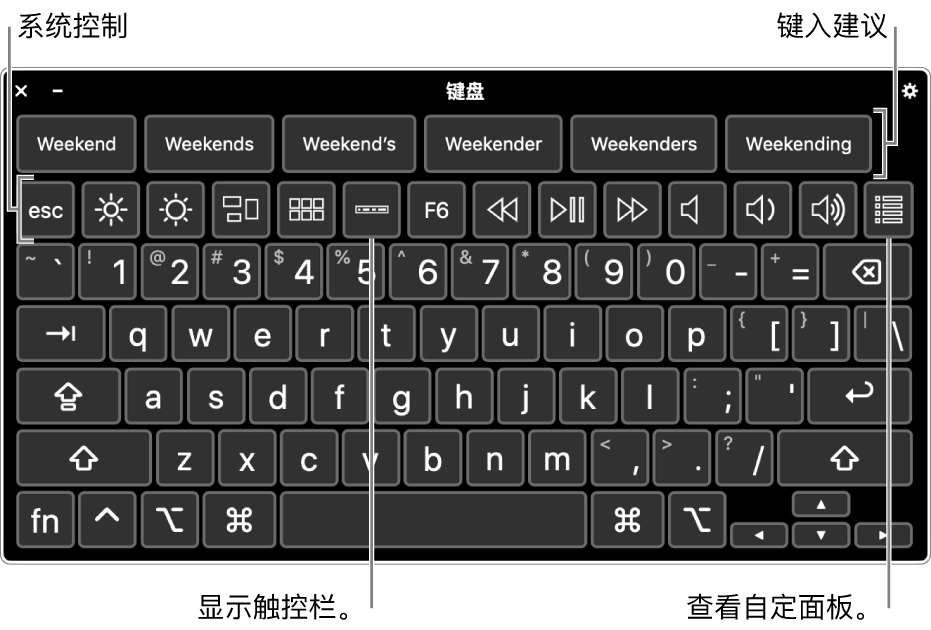 顶部包含键入建议的“辅助功能键盘”。下方是一行系统控制按钮，可执行诸如调整显示屏亮度、显示屏幕触控栏和显示自定面板等操作。