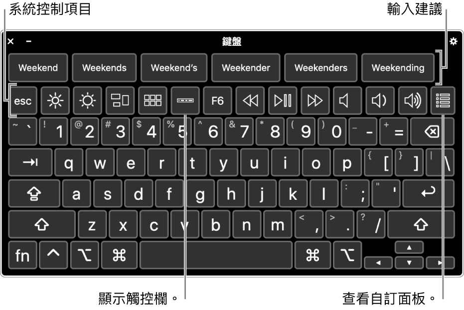 橫跨最上方是輸入建議的「輔助使用鍵盤」。以下是一列系統控制項目的按鈕，可執行像調整顯示器亮度、在螢幕上顯示「觸控欄」和顯示自訂面板等操作。