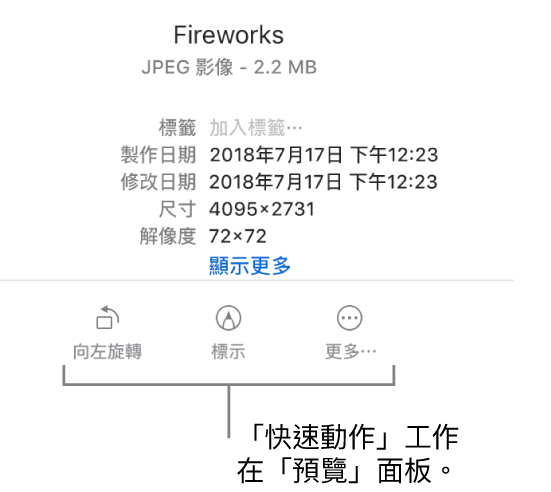「預覽」面板底部的畫面，顯示「快速動作」作業按鈕。