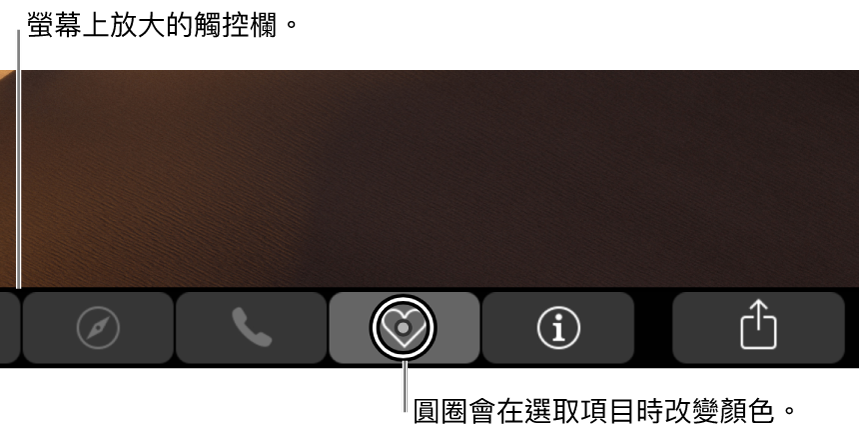 沿着螢幕底部的放大版「觸控欄」；選擇按鈕時，按鈕上的圓圈會更改。