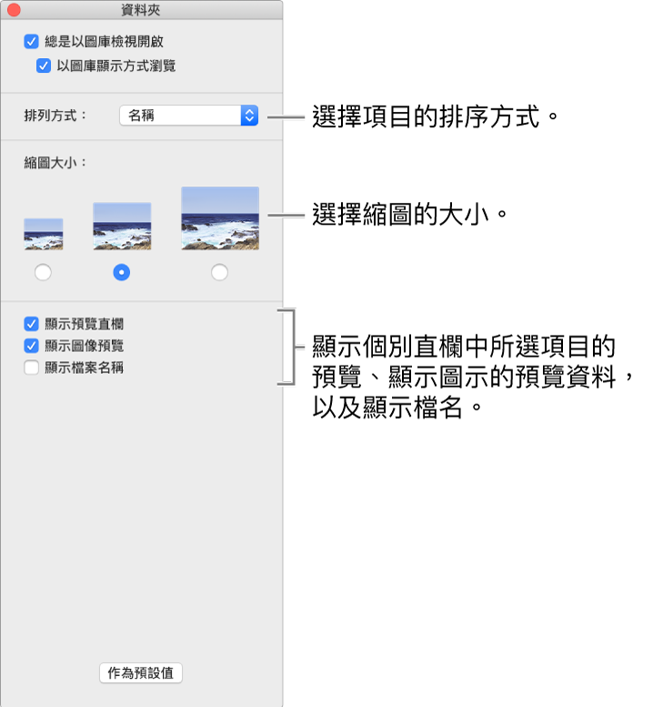 圖庫顯示方式選項：你可選擇項目的排序方式、選擇縮圖的大小、在獨立直欄中顯示所選項目的預覽、在圖像中顯示預覽資料，以及顯示檔案名稱。