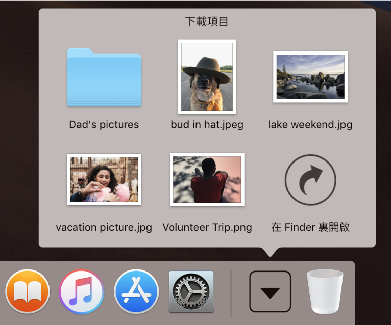 Dock 中的「下載項目」疊放開啟,以格狀顯示方式顯示其中的內容。