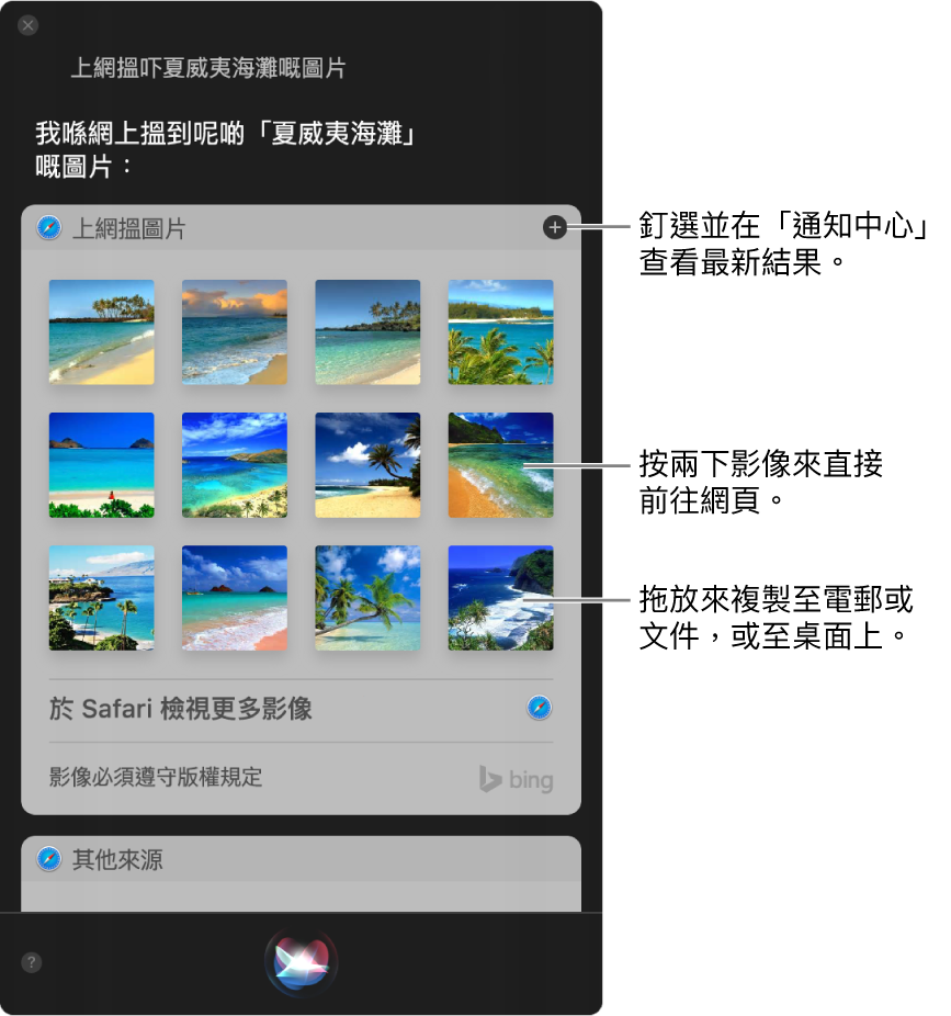 Siri 視窗，顯示要求「在網絡上搜尋夏威夷海灘的影像」的 Siri 結果。你可以將結果釘選在「通知中心」，按兩下影像來開啟包括影像的網頁，或者將影像拖至電郵、文件或桌面中。