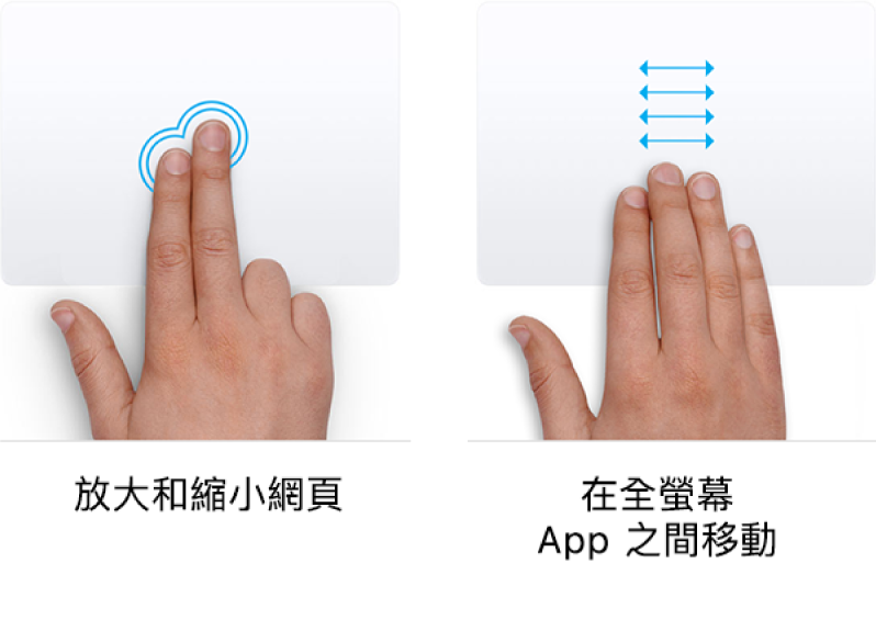 觸控式軌跡板手勢的範例：在網頁上縮放以及在全螢幕 App 之間移動。