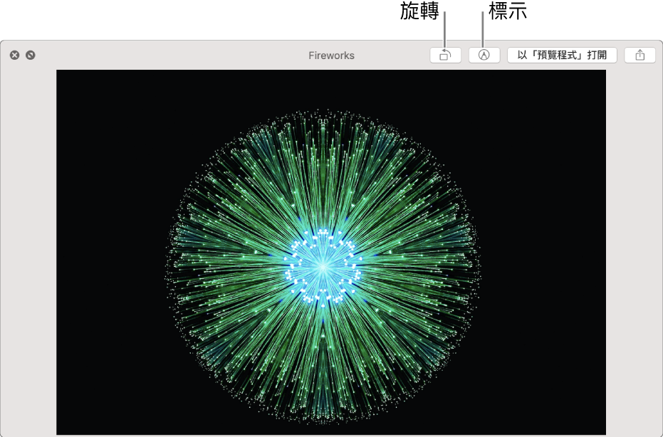 影像在「快速查看」視窗中，並有按鈕可旋轉或標示影像、在「預覽程式」App 中打開影像，或是進行分享。