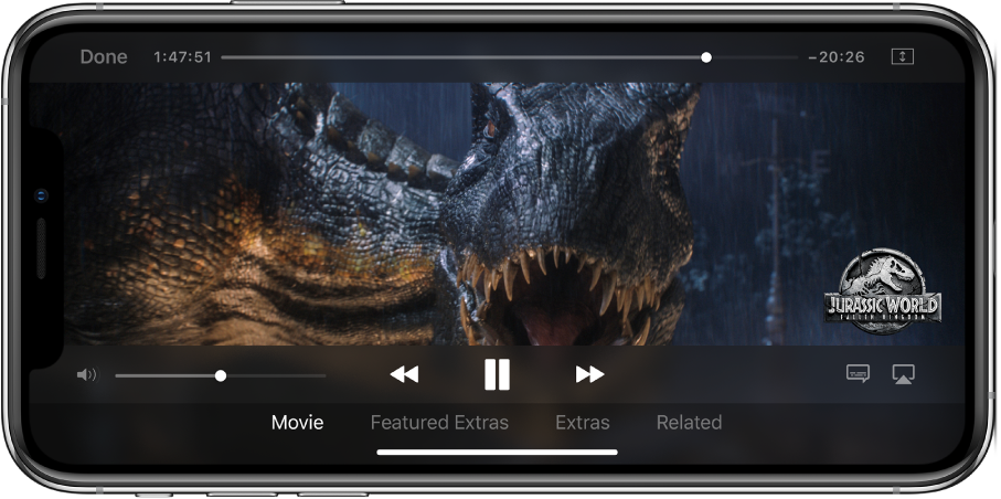 A movie playing, with playback controls showing. Above the video is a slider for quickly skipping backward or forward. Elapsed time and time remaining show on either side of the slider. The playback controls appear across the bottom center. The volume slider is in the lower left.