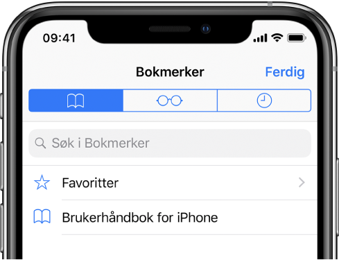 Bokmerker-skjermen med valg for å se favoritter og nettleserloggen, i tillegg til bokmerkene dine.