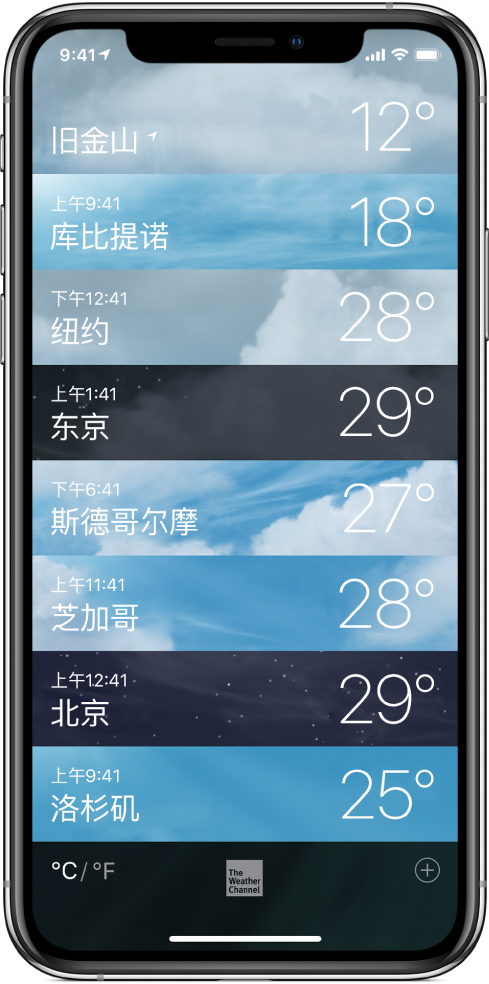 城市列表,显示每个城市的时间和当前温度。