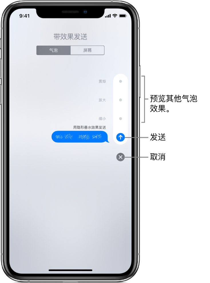 预览带隐形墨水效果的信息。在右侧,轻点控制以预览其他气泡效果。再次轻点同一控制以发送,或者轻点下方的“取消”按钮以返回到您的信息。