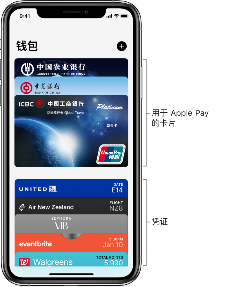 “钱包”显示几张信用卡、借记卡和凭证。