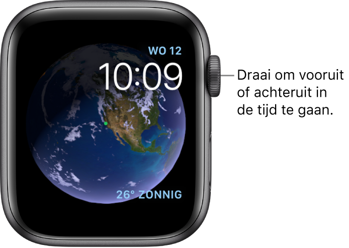 De wijzerplaat Astronomie toont de dag, de datum en de actuele tijd. Rechtsonderin bevindt zich een Weer-complicatie. Draai de Digital Crown om vooruit of achteruit in de tijd te gaan.