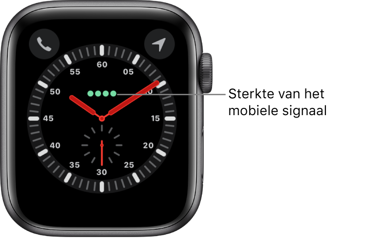 De wijzerplaat Verkenner is een analoge klok. Vlak boven het midden van de wijzerplaat bevinden zich de vier groene stippen die de sterkte van het mobiele signaal aangeven.