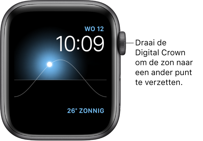 De wijzerplaat Zonnestand toont de dag, de datum en de actuele tijd. Dit kun je niet wijzigen. Rechtsonderin bevindt zich een Weer-complicatie. Draai de Digital Crown om de zon te verzetten naar dageraad, hoogste punt, zonsondergang, schemerdonker en laagste punt.
