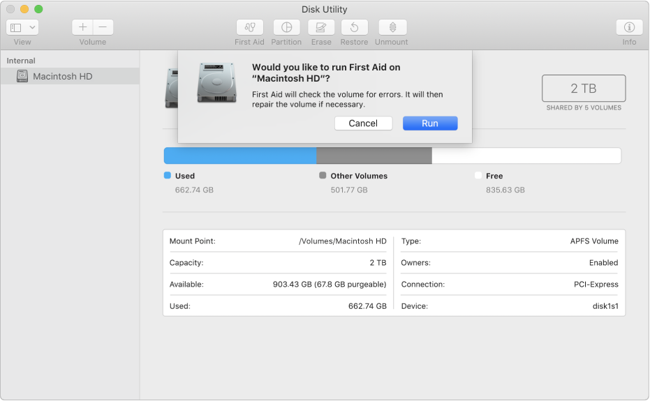 The First Aid dialogue in the Disk Utility toolbar.