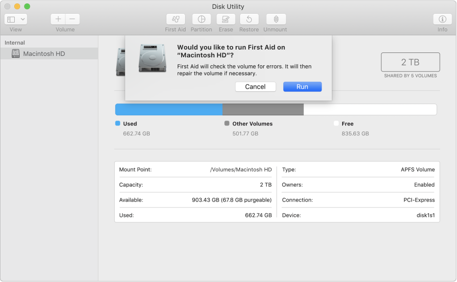 The First Aid dialogue in the Disk Utility toolbar.