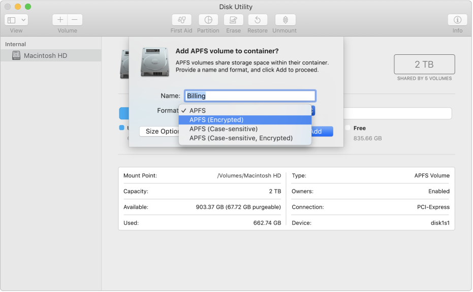 The APFS (Encrypted) option in the Format menu.
