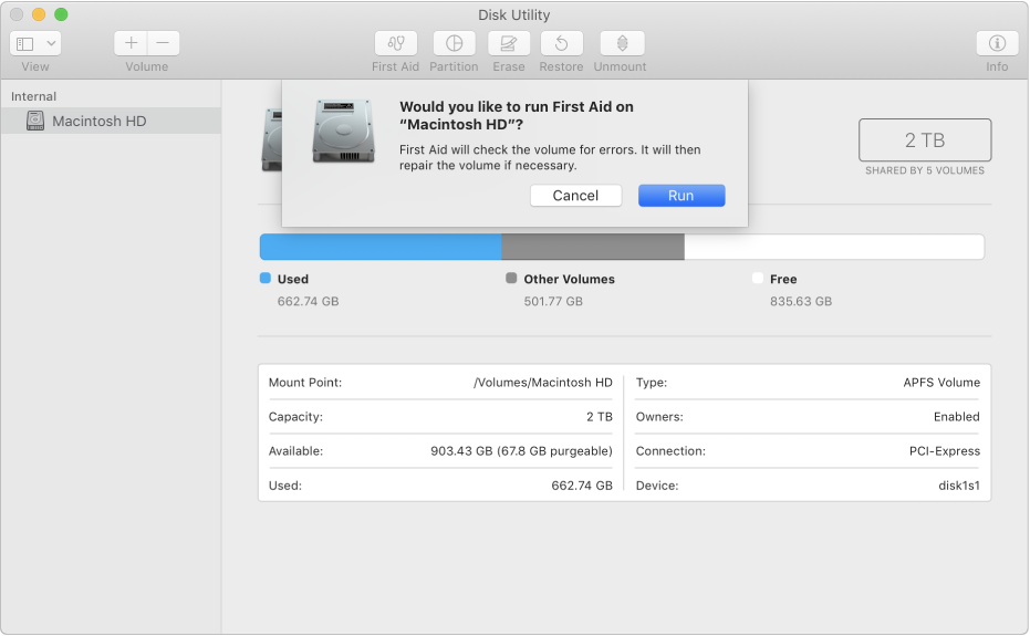 The First Aid dialog in the Disk Utility toolbar.