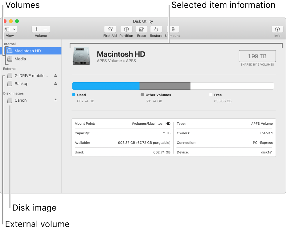 The Disk Utility window, showing an APFS volume on an internal disk, a volume on an external disk, and a disk image.