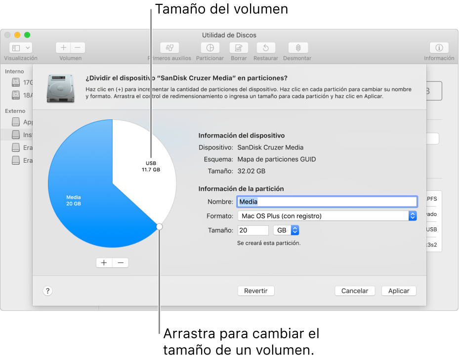 Crear particiones en un disco físico con Utilidad de Discos en la Mac
