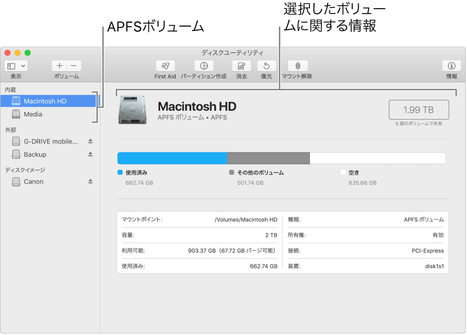 サイドバーで選択されている APFS ボリューム。ボリュームの情報が表示されています。